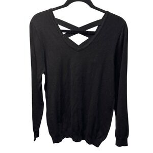 Love Ellie Mia Back Detail Pullover Black V-Neck Lattice Strappy Sweater Large